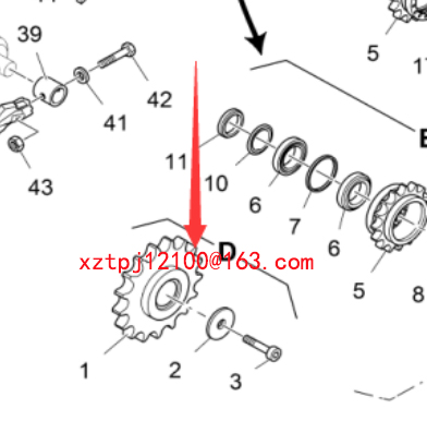 The chain wheel on the feeding screw of the paver 